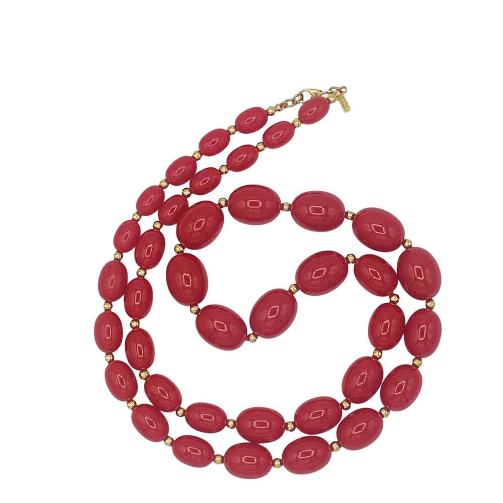 Vintage Monet Red Bead Necklace Gold Tone 28” Statement